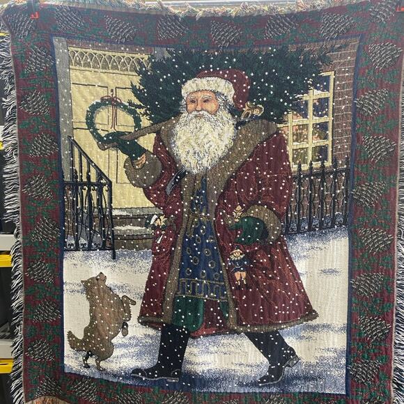 Santa Claus Tree & Dog Christmas Tapestry Throw Blanket 53” x48”Vintage USA Made - Picture 1 of 9